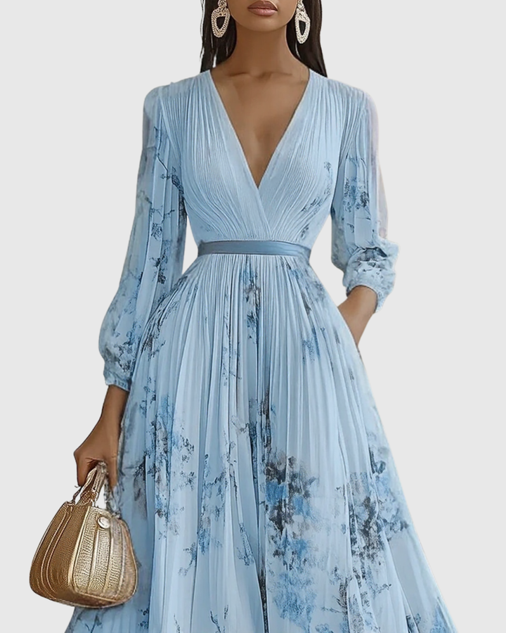 Siwan | Women Pleated V Neck Floral Midi Dress