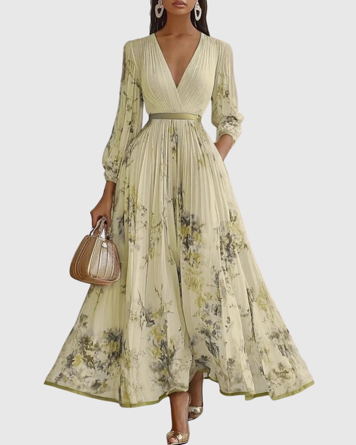 Siwan | Women Pleated V Neck Floral Midi Dress