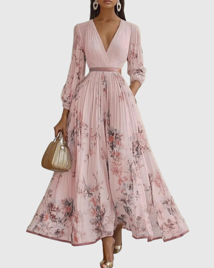 Siwan | Women Pleated V Neck Floral Midi Dress
