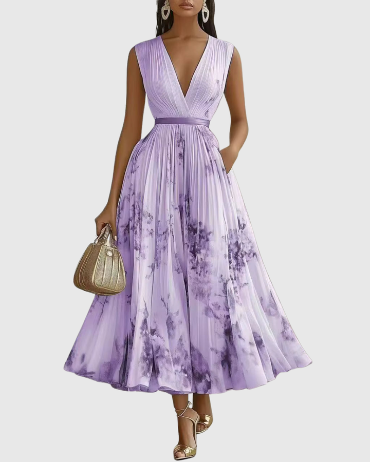 Siwan | Women Pleated V Neck Floral Midi Dress
