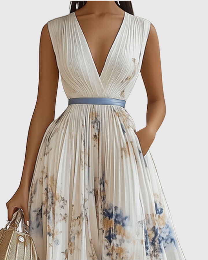 Siwan | Women Pleated V Neck Floral Midi Dress