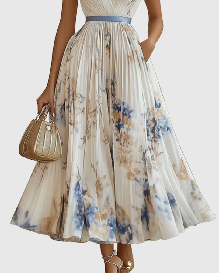 Siwan | Women Pleated V Neck Floral Midi Dress