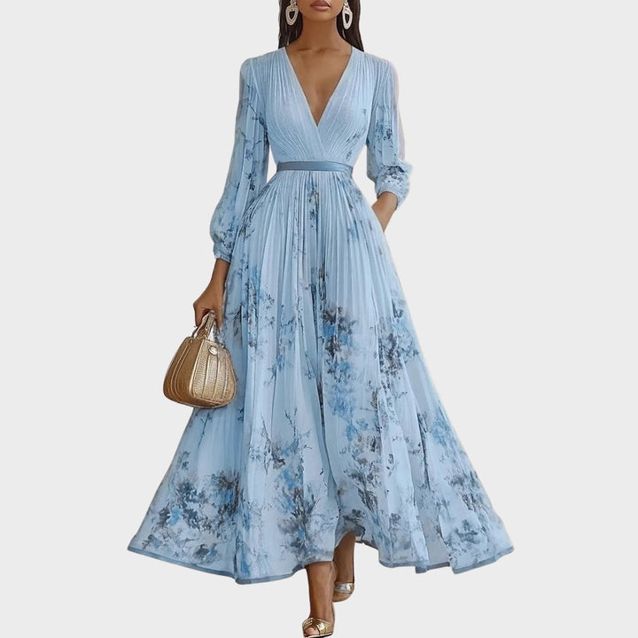 Siwan | Women Pleated V Neck Floral Midi Dress