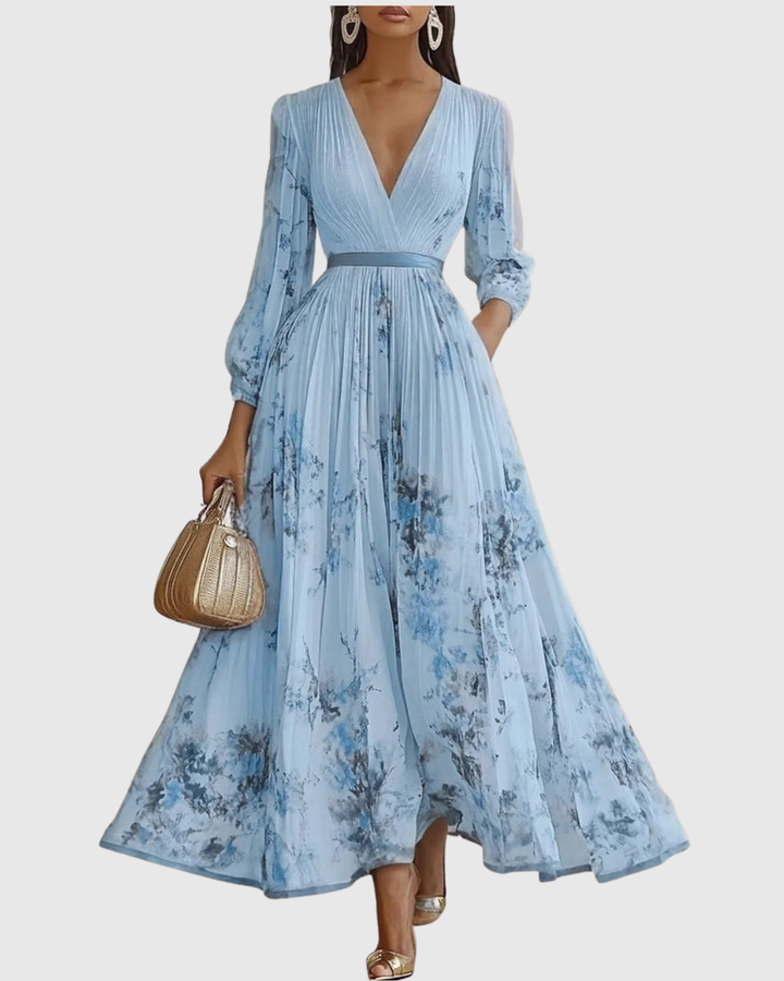 Siwan | Women Pleated V Neck Floral Midi Dress