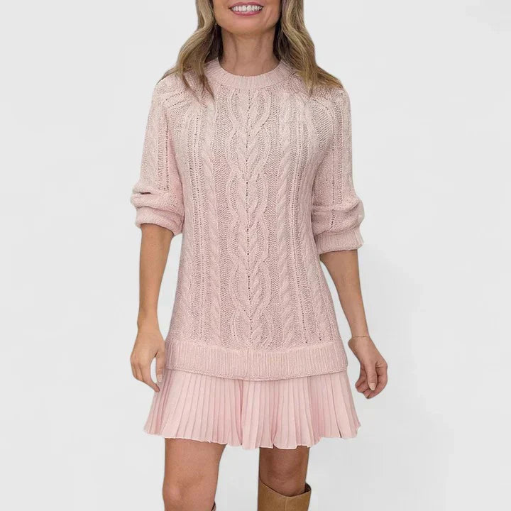 Jacqueline | Women's Cable Knit Crew Neck Pleated Sweater Dress