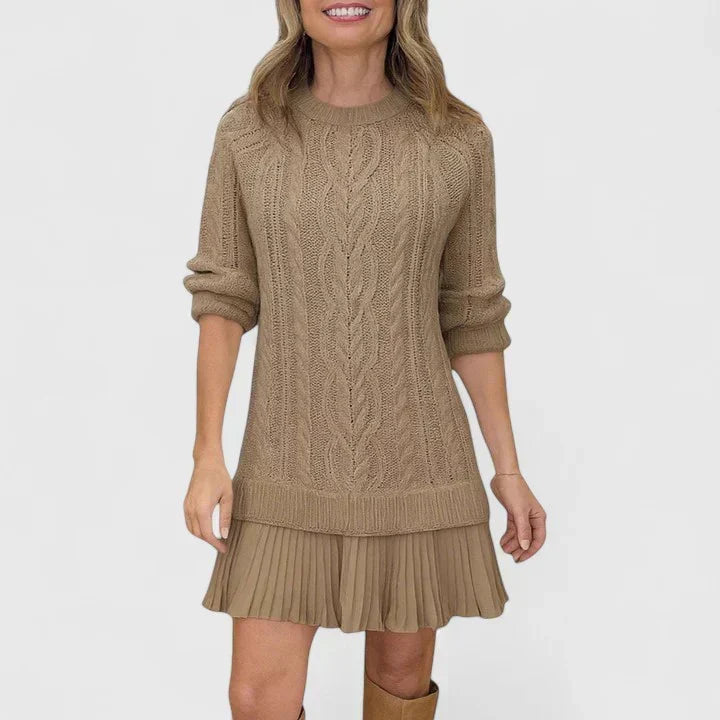 Jacqueline | Women's Cable Knit Crew Neck Pleated Sweater Dress