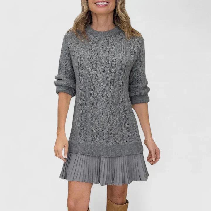 Jacqueline | Women's Cable Knit Crew Neck Pleated Sweater Dress