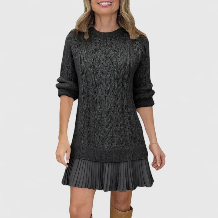 Jacqueline | Women's Cable Knit Crew Neck Pleated Sweater Dress