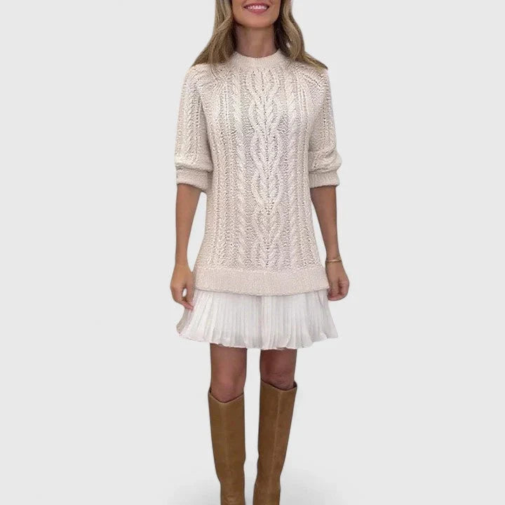 Jacqueline | Women's Cable Knit Crew Neck Pleated Sweater Dress