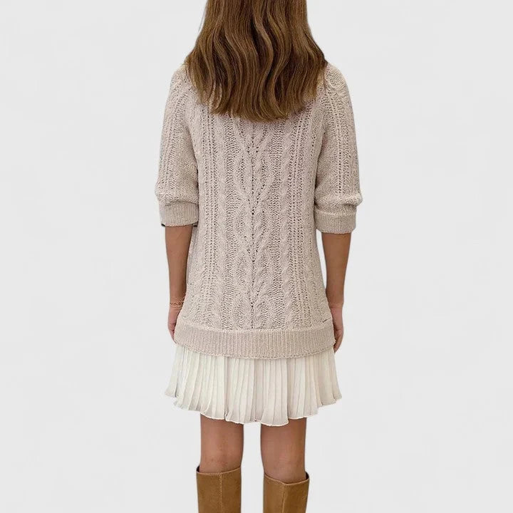 Jacqueline | Women's Cable Knit Crew Neck Pleated Sweater Dress
