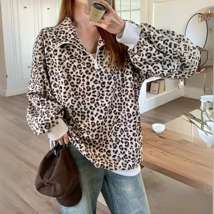 Sophie | Women's Leopard Print Quarter Zip Collar Long Sleeve Oversized Pullover Sweatshirt