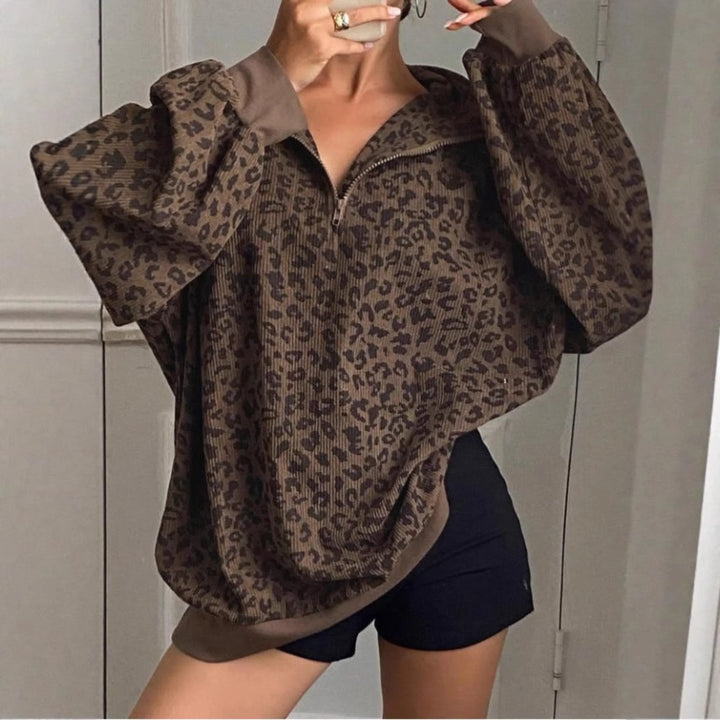 Sophie | Women's Leopard Print Quarter Zip Collar Long Sleeve Oversized Pullover Sweatshirt