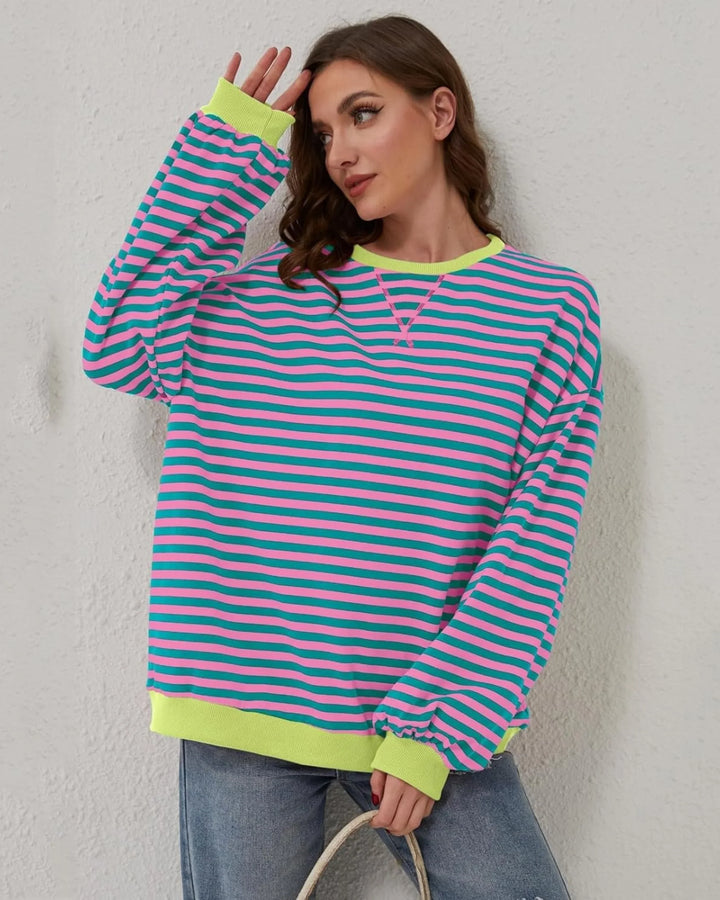 Clementine | Women's Striped Oversized Crew Neck Long Sleeve Knit Casual Hoodie