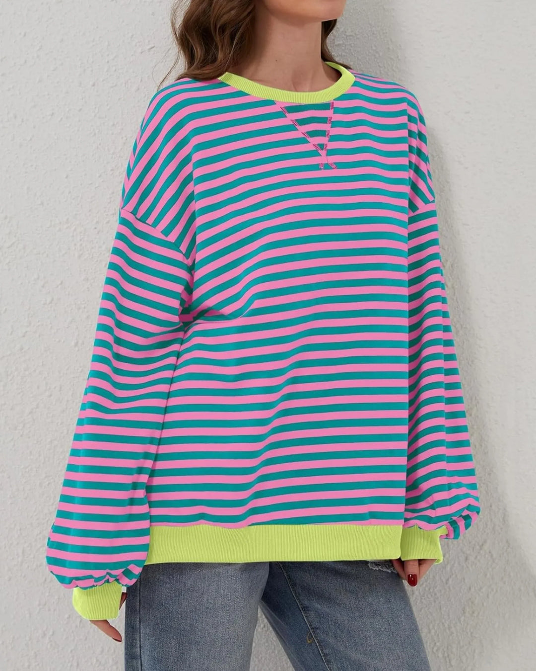 Clementine | Women's Striped Oversized Crew Neck Long Sleeve Knit Casual Hoodie