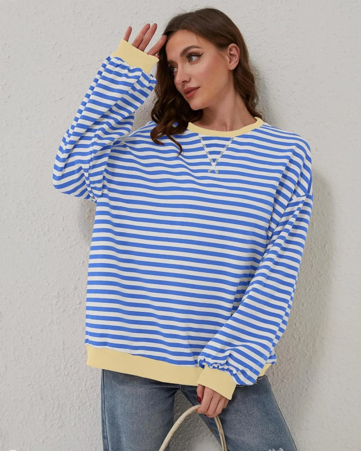 Clementine | Women's Striped Oversized Crew Neck Long Sleeve Knit Casual Hoodie
