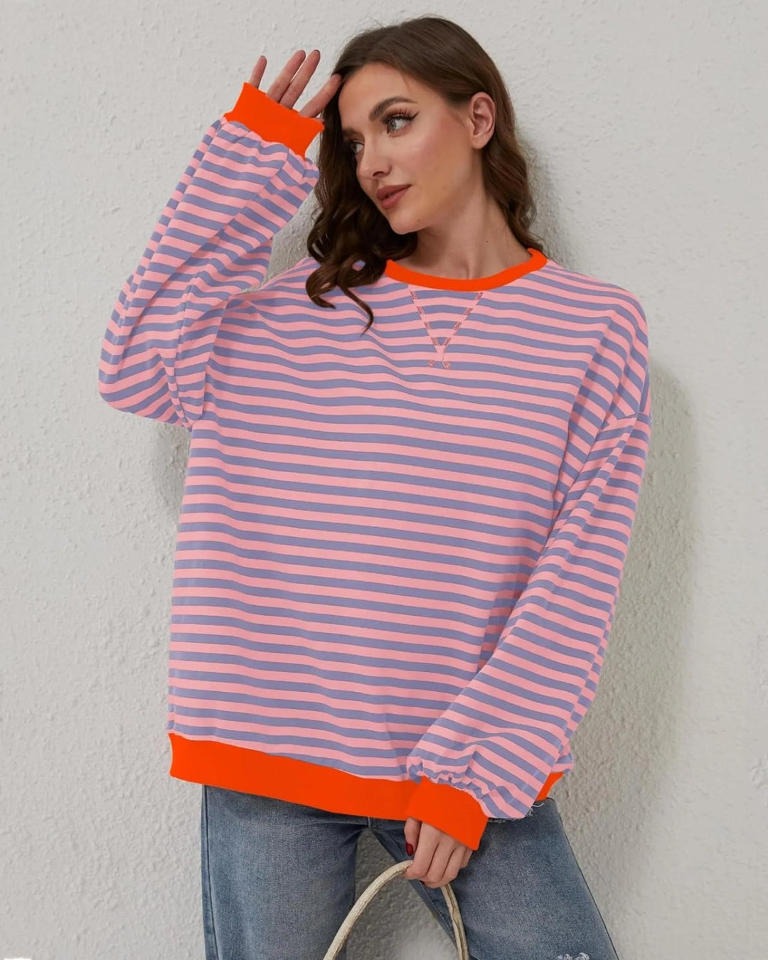 Clementine | Women's Striped Oversized Crew Neck Long Sleeve Knit Casual Hoodie