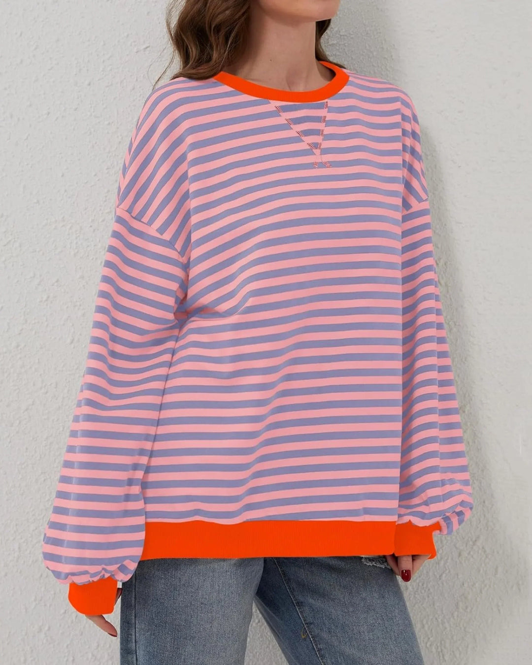 Clementine | Women's Striped Oversized Crew Neck Long Sleeve Knit Casual Hoodie