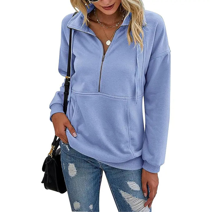 Emma | Women's Knit Collared Long Sleeve Pockets Casual Zip Front Hoodie