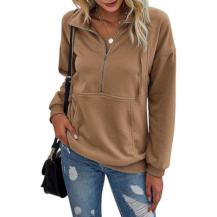 Emma | Women's Knit Collared Long Sleeve Pockets Casual Zip Front Hoodie