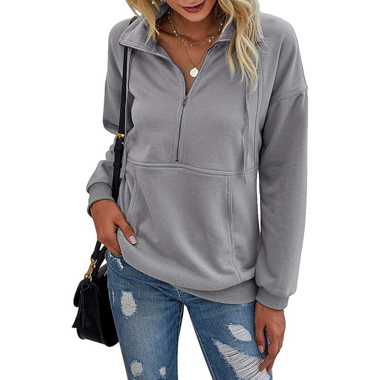 Emma | Women's Knit Collared Long Sleeve Pockets Casual Zip Front Hoodie