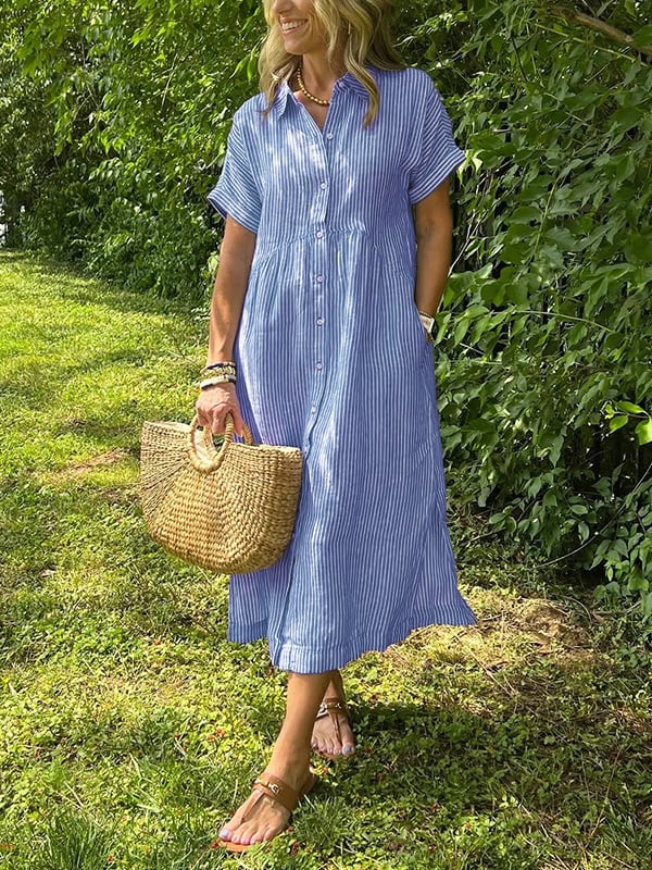 Alwen | Women Striped Collar Shirt Midi Dress
