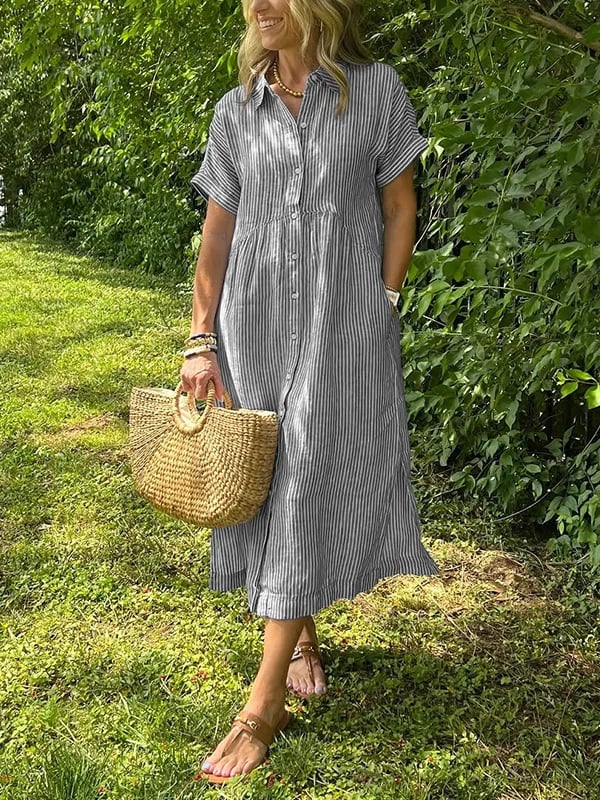 Alwen | Women Striped Collar Shirt Midi Dress