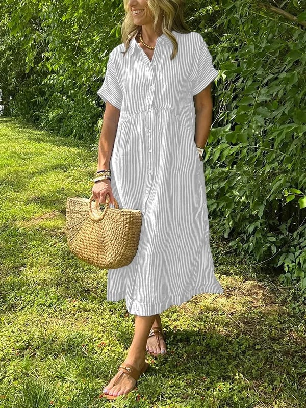 Alwen | Women Striped Collar Shirt Midi Dress