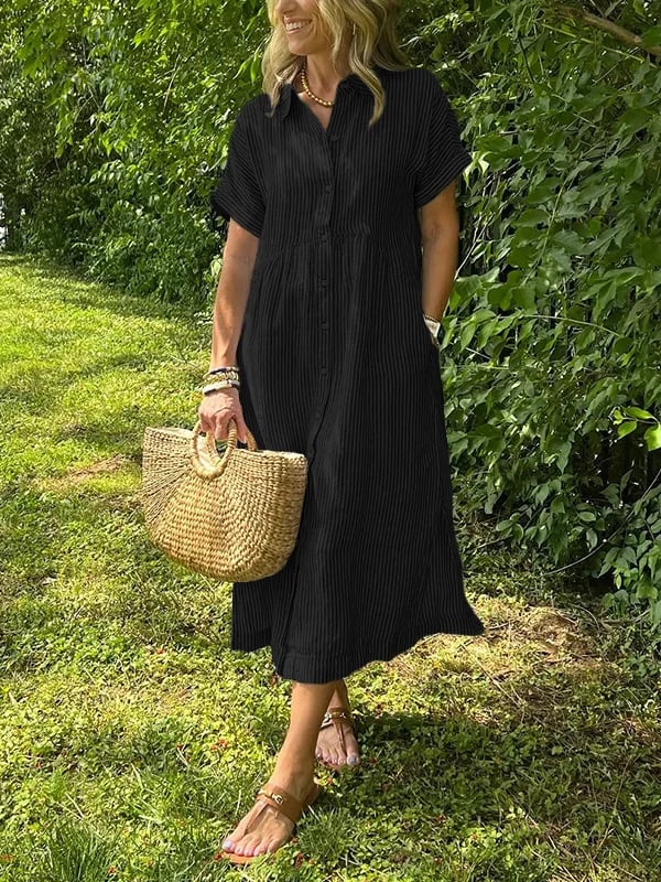 Alwen | Women Striped Collar Shirt Midi Dress