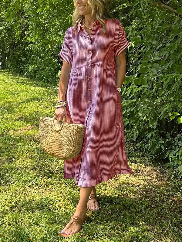 Alwen | Women Striped Collar Shirt Midi Dress