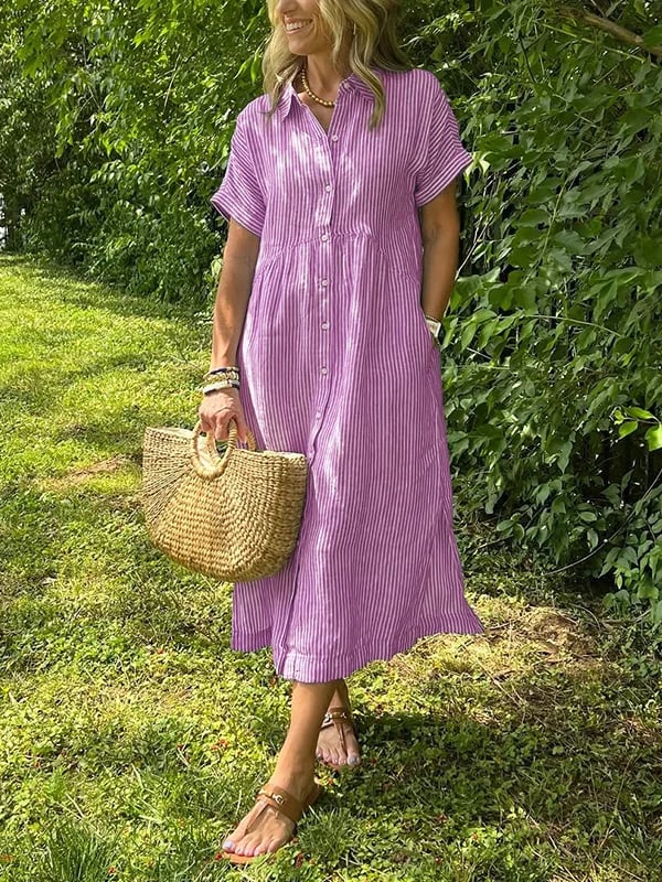 Alwen | Women Striped Collar Shirt Midi Dress