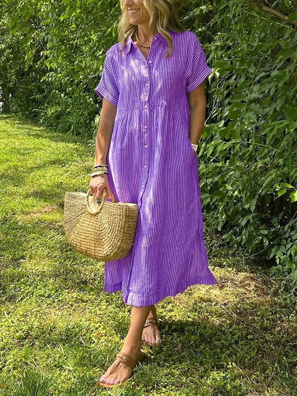 Alwen | Women Striped Collar Shirt Midi Dress