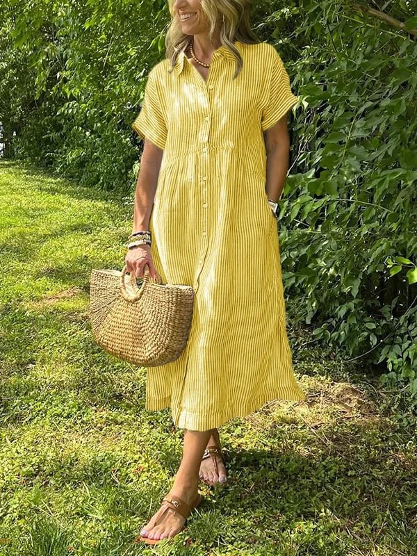 Alwen | Women Striped Collar Shirt Midi Dress