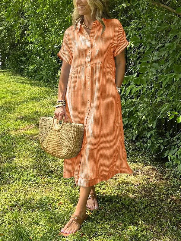 Alwen | Women Striped Collar Shirt Midi Dress