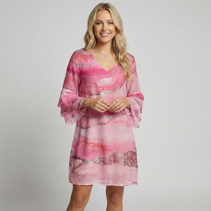 Priscilla | Women's Pink Geometric Sequin Puff Sleeve Mini Dress