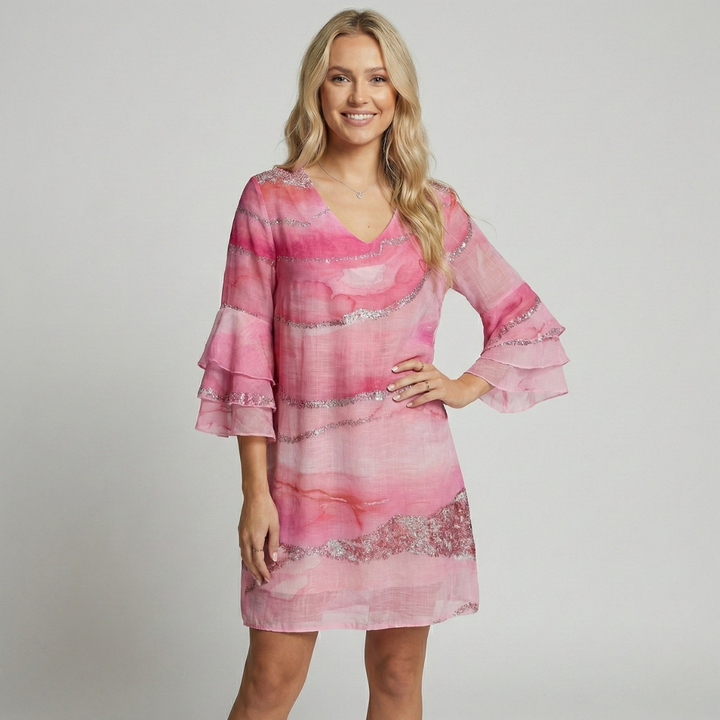 Priscilla | Women's Pink Geometric Sequin Puff Sleeve Mini Dress