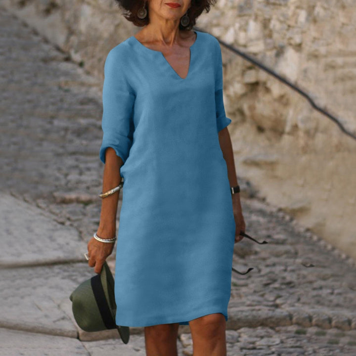 Maria | Women's Linen V Neck Elbow Sleeve Fall Brunch Dress