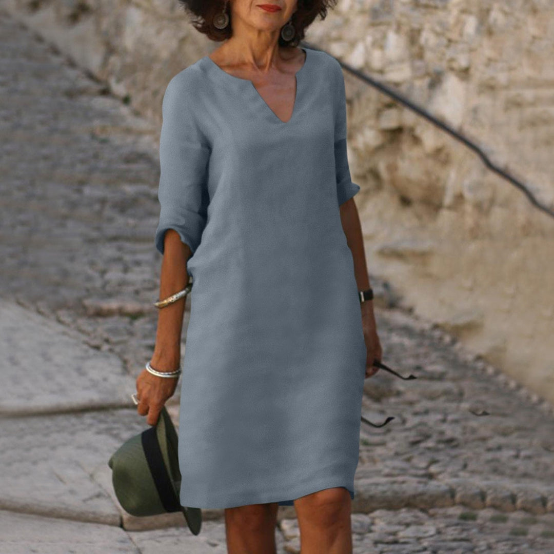 Maria | Women's Linen V Neck Elbow Sleeve Fall Brunch Dress