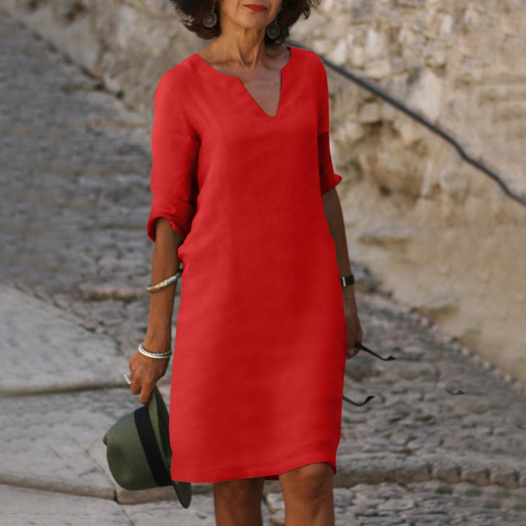 Maria | Women's Linen V Neck Elbow Sleeve Fall Brunch Dress