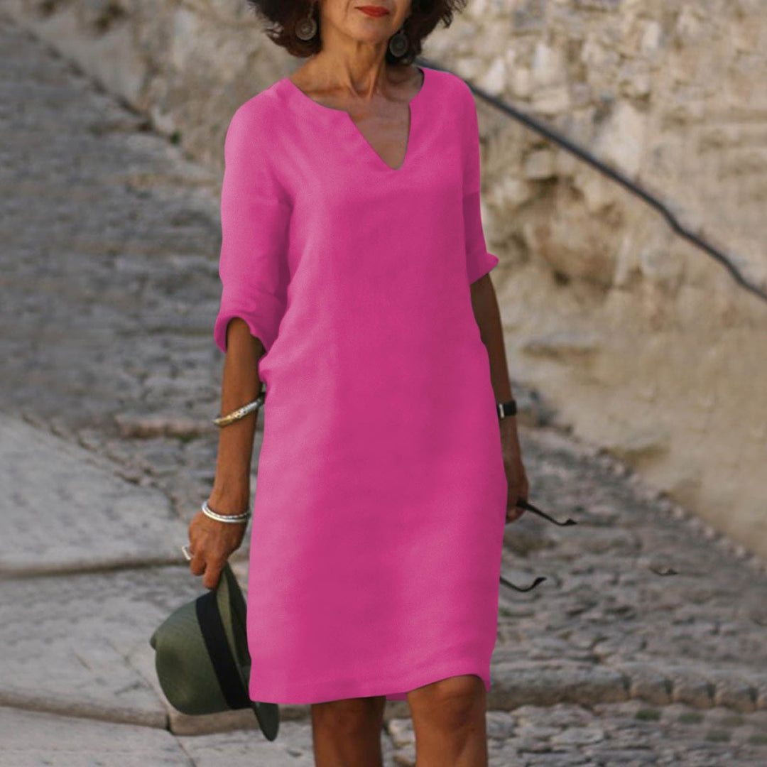 Maria | Women's Linen V Neck Elbow Sleeve Fall Brunch Dress