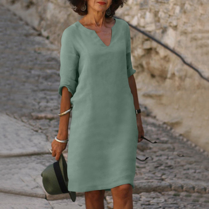 Maria | Women's Linen V Neck Elbow Sleeve Fall Brunch Dress