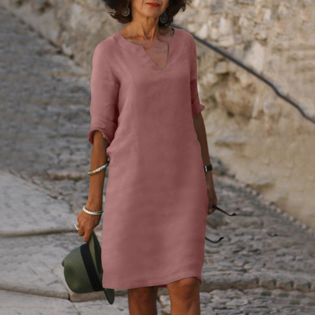 Maria | Women's Linen V Neck Elbow Sleeve Fall Brunch Dress