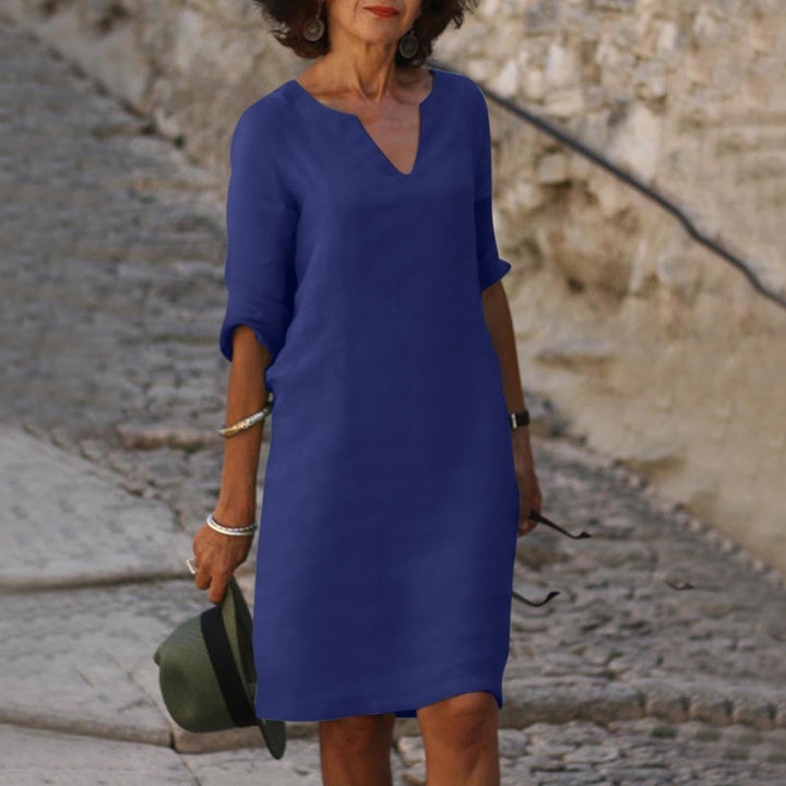 Maria | Women's Linen V Neck Elbow Sleeve Fall Brunch Dress