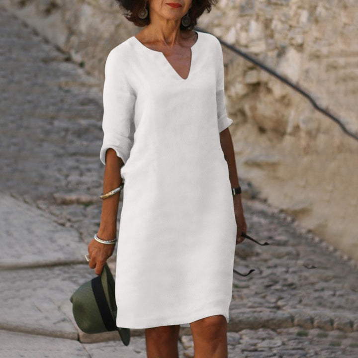 Maria | Women's Linen V Neck Elbow Sleeve Fall Brunch Dress