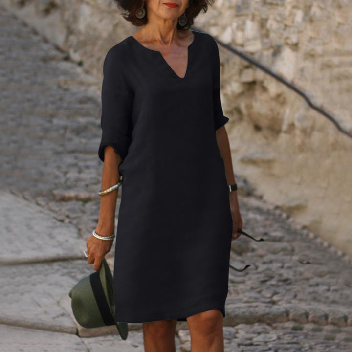 Maria | Women's Linen V Neck Elbow Sleeve Fall Brunch Dress