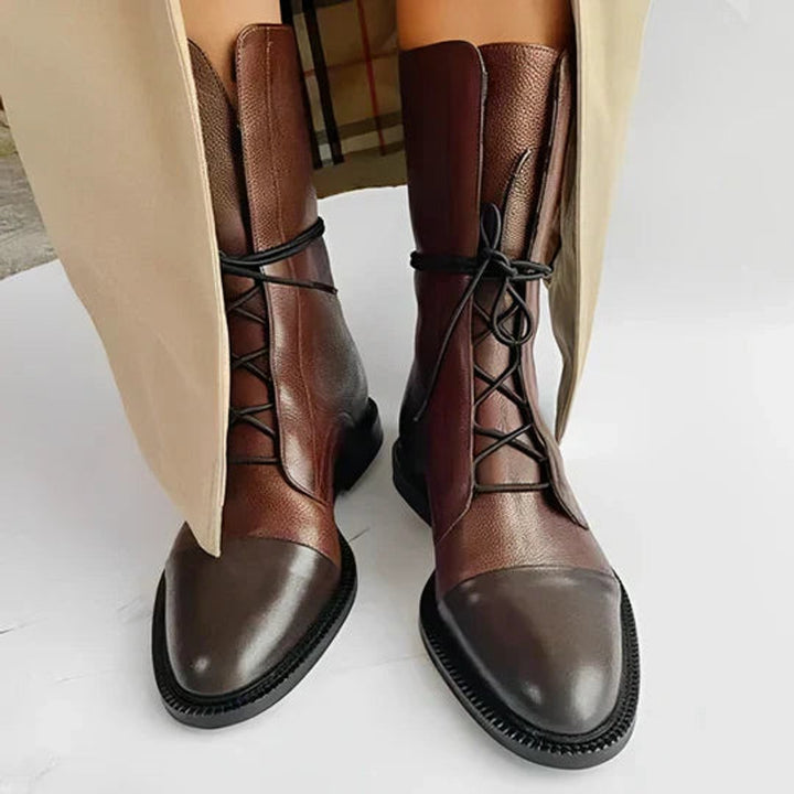 Elsie | Women's Brown Lace Up Leather Mid Calf Chelsea Boots