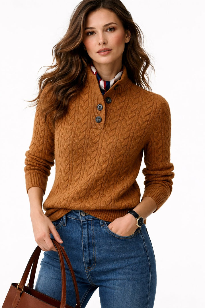 Jaelynn | Women's Cable Knit Funnel Neck Button Collar Sweater