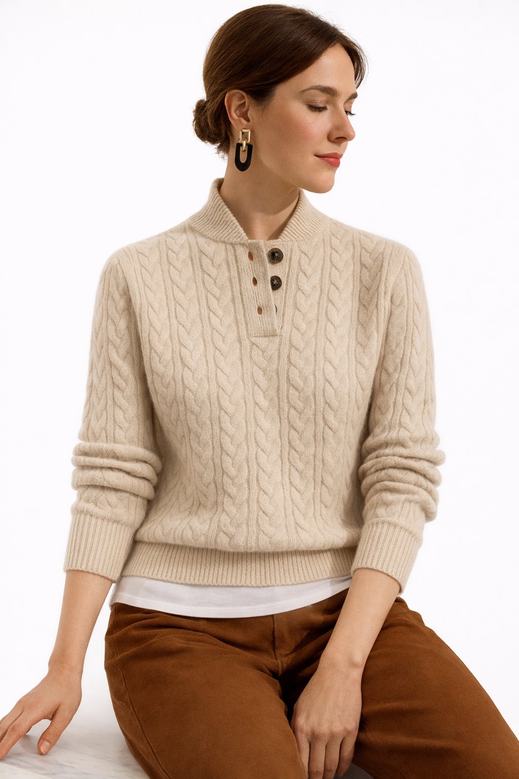 Jaelynn | Women's Cable Knit Funnel Neck Button Collar Sweater