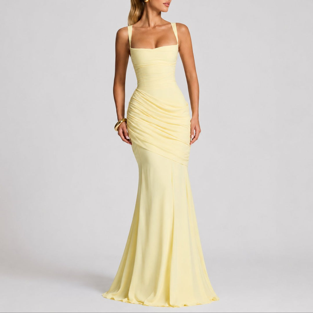Lily | Women's Square Neck Ruched Draped Wedding Guest Gown