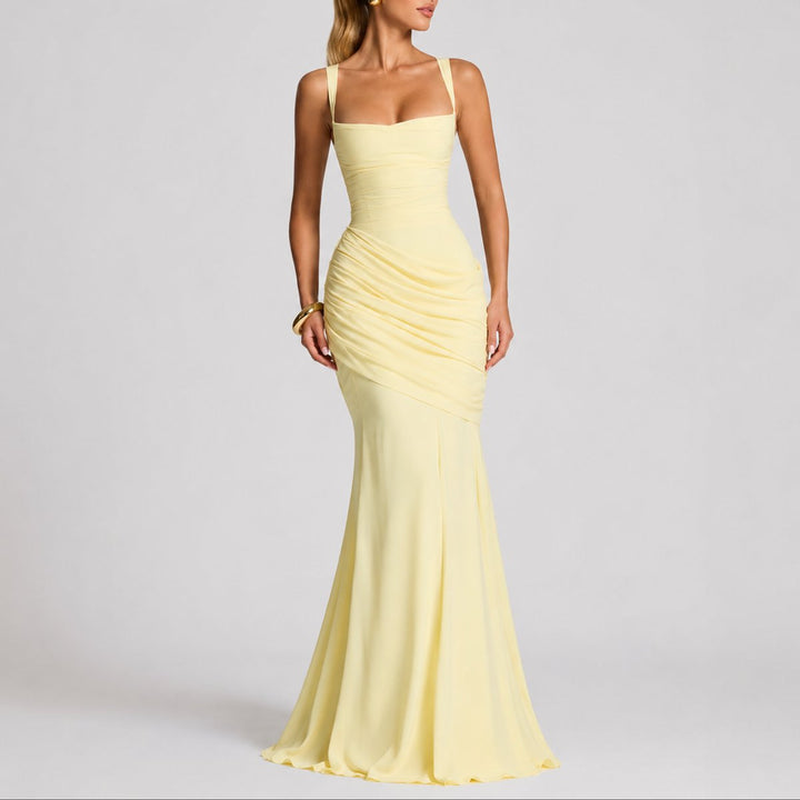 Lily | Women's Square Neck Ruched Draped Wedding Guest Gown