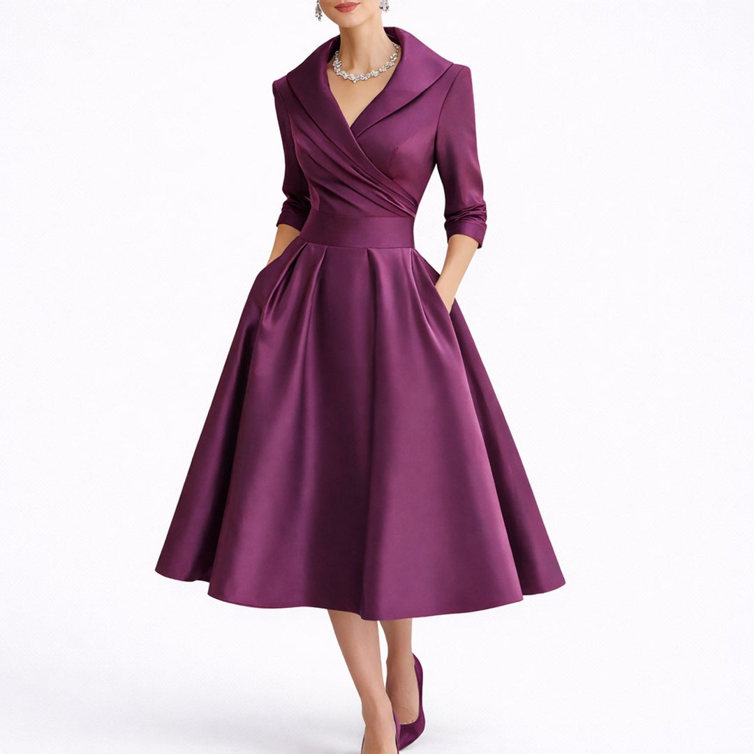 Tina | Women's V Neck Elbow Sleeve Pockets Evening Pleated Gown